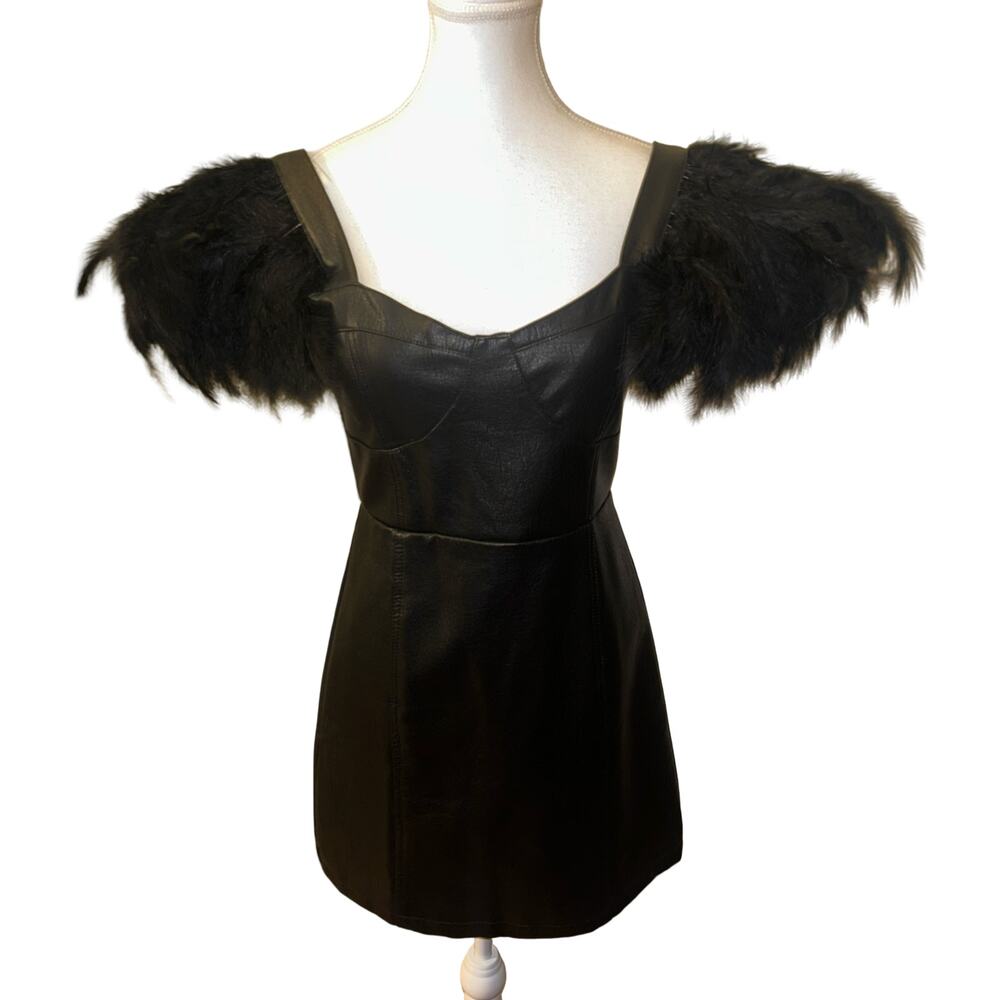 Nasty Gal Vegan Leather Mini Dress – Feather Shoulders, NWT - Picture 2 of 7